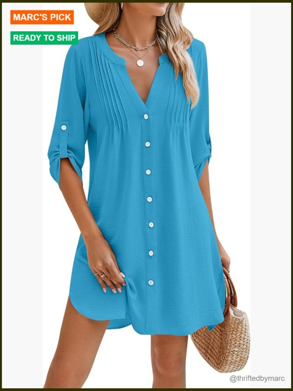 Women's V-Neck Button Down Swim Cover Up 3/4 Sleeve Lightweight